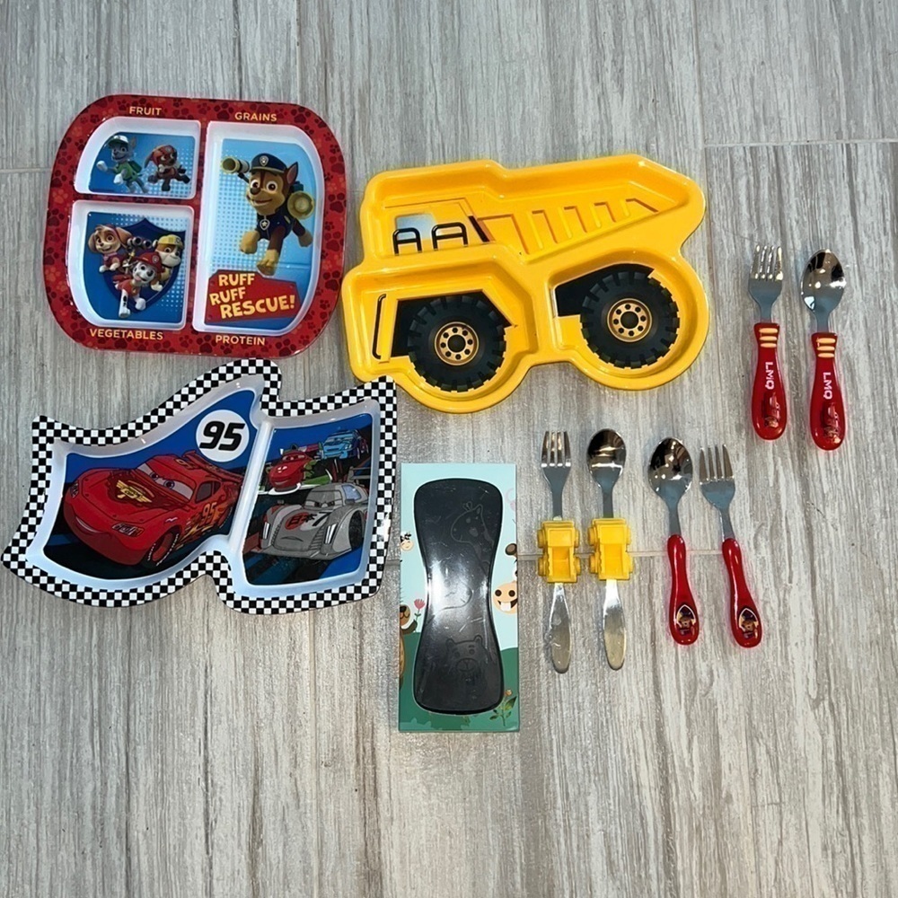 Kids plasticware, plates, forks, spoons. Construction, Cars, Paw Patrol